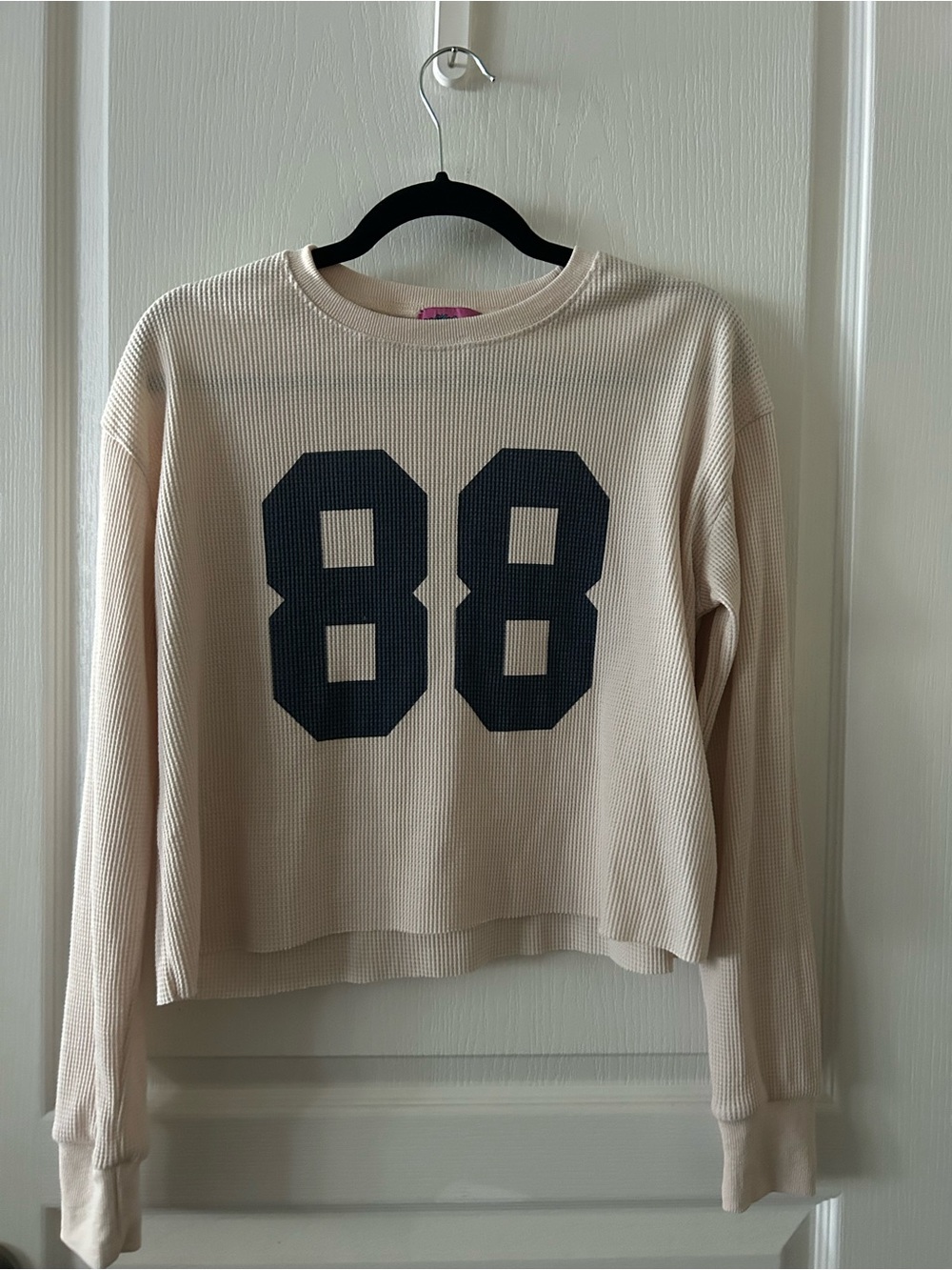 Edikted Beige Waffle Knit Top with Navy '88' Graphic